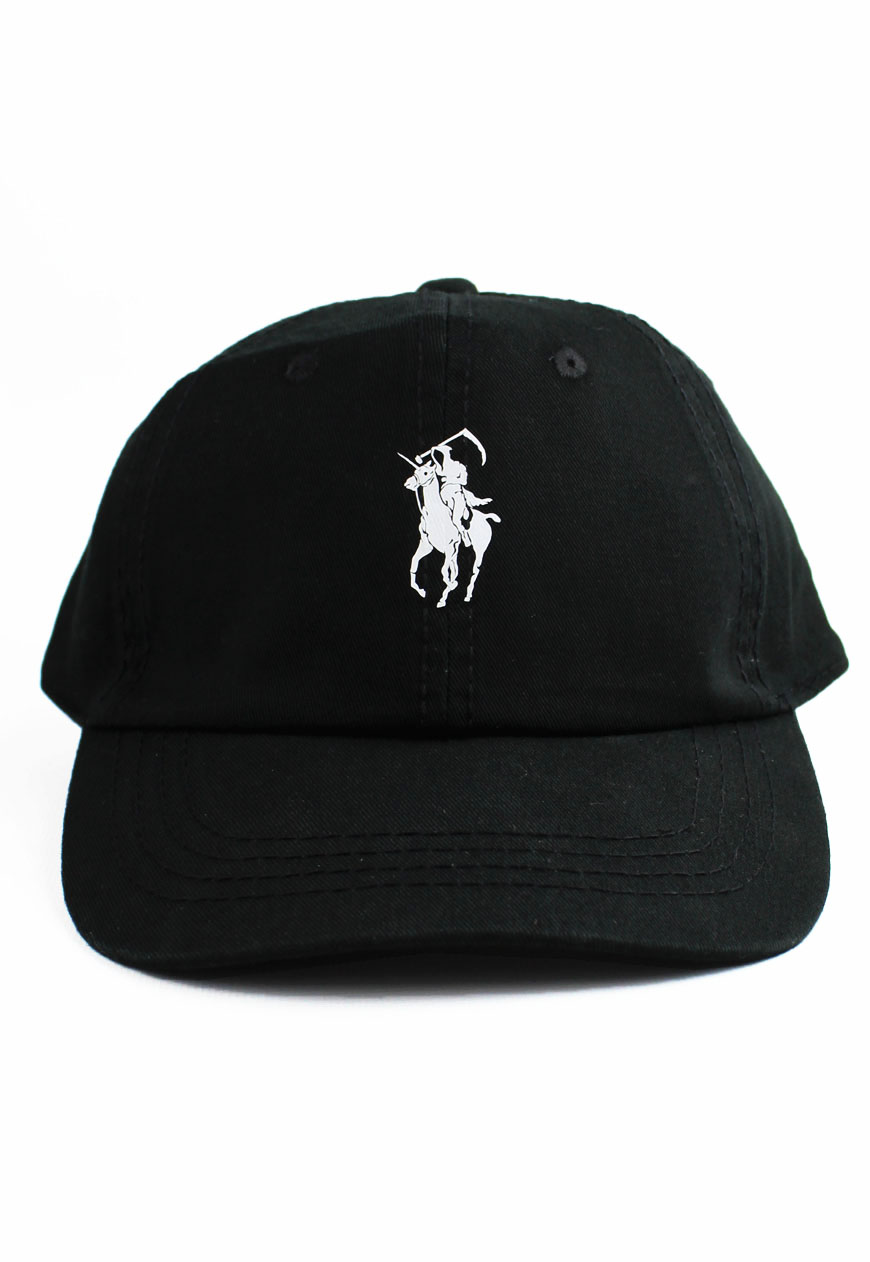 white polo hat with red horse